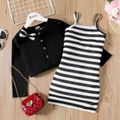 2pcs Kid Girl Stripe Slip Dress and 3D Bowknot Design Cardigan Set Black