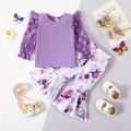 2pcs Baby Girl Purple Polka Dot Mesh Ruffle Long-sleeve Ribbed Top and Allover Floral Print Flared Pants Set Purple image 1