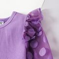 2pcs Baby Girl Purple Polka Dot Mesh Ruffle Long-sleeve Ribbed Top and Allover Floral Print Flared Pants Set Purple image 3