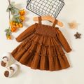 Baby Girl Brown Textured Cold Shoulder Long-sleeve Shirred Frill Trim Tiered Dress Brown image 2