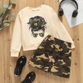 2pcs Kid Girl Figure Print Pullover Sweatshirt and Camouflage Print Skirt Set Apricot image 1