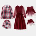 Family Matching 100% Cotton Plaid Shirts and Solid Rib Knit Surplice Neck Mesh Long-sleeve Dresses Sets Burgundy image 1