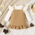 2pcs Baby Girl 95% Cotton Ribbed Ruffle Long-sleeve Romper and Floral Embroidered Ruffle Hem Corduroy Cami Dress Set Khaki image 3