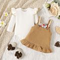 2pcs Baby Girl 95% Cotton Ribbed Ruffle Long-sleeve Romper and Floral Embroidered Ruffle Hem Corduroy Cami Dress Set Khaki image 2