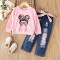 2pcs Toddler Girl Trendy Patchwork Ripped Denim Jeans and Figure Print Sweatshirt Set Pink image 2
