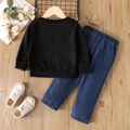 2pcs Toddler Girl Trendy Patchwork Ripped Denim Jeans and Leopard Print Sweatshirt Set Black image 2