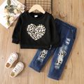 2pcs Toddler Girl Trendy Patchwork Ripped Denim Jeans and Leopard Print Sweatshirt Set Black image 1