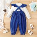 2pcs Baby Girl Solid Ribbed Mock Neck Long-sleeve Top and Polar Fleece Ruffle Trim Suspender Pants Set BLUEWHITE image 2