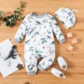 2pcs Baby Boy Allover Dinosaur Print Long-sleeve Jumpsuit with Hat Set White image 1