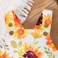 2pcs Baby Girl Yellow Ribbed Ruffle Long-sleeve Top and Allover Sunflower Floral Print Bell Bottom Overalls Set DarkOrange image 4