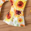 2pcs Baby Girl Yellow Ribbed Ruffle Long-sleeve Top and Allover Sunflower Floral Print Bell Bottom Overalls Set DarkOrange image 5
