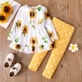 2pcs Toddler Girl Floral Print Ruffle Hem Long-sleeve Tee and Polka dots Leggings Set Yellow image 1