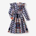 Family Matching Allover Floral Print Ruffle Long-sleeve Belted Dresses and Cotton Colorblock Polo Shirts Sets royalblue image 2