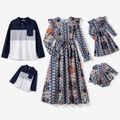 Family Matching Allover Floral Print Ruffle Long-sleeve Belted Dresses and Cotton Colorblock Polo Shirts Sets royalblue image 1