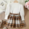 2pcs Kid Girl Textured Gigot Sleeve White Tee and Plaid Pleated Skirt Set OffWhite image 5