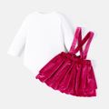 Barbie 2pcs Baby Girl Christmas Long-sleeve Graphic Romper and Layered Velvet Suspender Skirt Set Hot Pink image 3