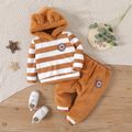 2pcs Baby Boy Star Badge Detail Striped Long-sleeve Spliced Fuzzy Hoodie and Pants Set Brown image 1