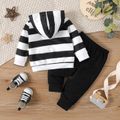 2pcs Baby Girl Letter Embroidered Black Striped Long-sleeve Hoodie and Solid Sweatpants Set BlackandWhite image 2