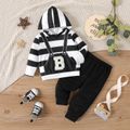 2pcs Baby Girl Letter Embroidered Black Striped Long-sleeve Hoodie and Solid Sweatpants Set BlackandWhite image 1