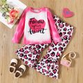 2pcs Toddler Girl Valentine's Day Heart Print Long-sleeve Tee and Leopard Print Flared Pants Set pink image 1