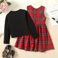 2pcs Kid Girl Red Plaid Sleeveless Dress and 3D Bowknot Design Cardigan Set Red image 2