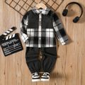 2pcs Toddler Boy Plaid Lapel Collar Long-sleeve Shirt and Elasticized Pants Set Black image 1