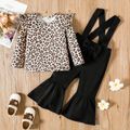 2pcs Toddler Girl Ruffled Leopard Print Long-sleeve Tee and Suspender Flared Pants Set ColorBlock image 1