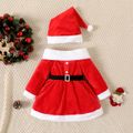Christmas 3pcs Baby Girl Red Fleece Square Neck Long-sleeve Belted Dress and Fuzzy Scarf & Hat Set Red image 2