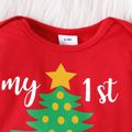 Christmas 3pcs Baby Boy/Girl 95% Cotton Long-sleeve Xmas Tree & Letter Print Red Romper and Pants with Hat Set Red image 3