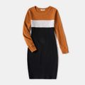 Family Matching Colorblock Rib Knit Long-sleeve Bodycon Dresses and Tops Sets YellowBrown image 2