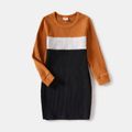 Family Matching Colorblock Rib Knit Long-sleeve Bodycon Dresses and Tops Sets YellowBrown image 3