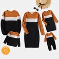 Family Matching Colorblock Rib Knit Long-sleeve Bodycon Dresses and Tops Sets YellowBrown image 1