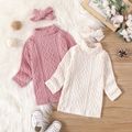 2pcs Baby Girl Solid Turtleneck Long-sleeve Knitted Sweater Dress with Headband Set Pink image 2