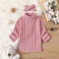 2pcs Baby Girl Solid Turtleneck Long-sleeve Knitted Sweater Dress with Headband Set Pink image 1