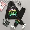 2pcs Kid Boy Game Console Print Black Hoodie Sweatshirt and Elasticized Pants Set Black image 1