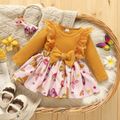 2pcs Baby Girl Lace Ruffle Trim Bow Front Long-sleeve Rib Knit Spliced Butterfly Print Romper Dress with Headband Set Ginger image 1