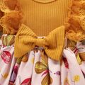 2pcs Baby Girl Lace Ruffle Trim Bow Front Long-sleeve Rib Knit Spliced Butterfly Print Romper Dress with Headband Set Ginger image 3