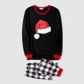 Christmas Family Matching Xmas Hat Print Black Long-sleeve Plaid Pajamas Sets (Flame Resistant) Black image 3