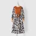 Family Matching Leopard Print Spliced Cable Knit Belted Midi Dresses and Long-sleeve Colorblock Sweatshirts Sets Khaki image 2