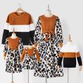 Family Matching Leopard Print Spliced Cable Knit Belted Midi Dresses and Long-sleeve Colorblock Sweatshirts Sets Khaki image 1