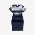 Family Matching 95% Cotton Short-sleeve Striped Spliced Ruched Bodycon Dresses and T-shirts Sets Tibetanbluewhite image 4