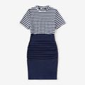Family Matching 95% Cotton Short-sleeve Striped Spliced Ruched Bodycon Dresses and T-shirts Sets Tibetanbluewhite image 2