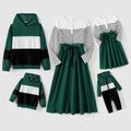 Family Matching Ribbed Striped Spliced Belted Dresses and Long-sleeve Colorblock Waffle Hoodies Sets blackishgreen image 1