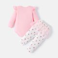 Care Bears 2pcs Baby Girl Bear Graphic Pink Ruffle Long-sleeve Romper and Allover Heart Print Mesh Pants Set PinkyWhite image 2