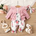 2pcs Baby Girl Pink Corduroy Layered Ruffle Long-sleeve Spliced Floral Print Pretty with Headband Set Pink image 1