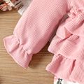 2pcs Baby Girl Pink Corduroy Layered Ruffle Long-sleeve Spliced Floral Print Pretty with Headband Set Pink image 3