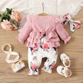 2pcs Baby Girl Pink Corduroy Layered Ruffle Long-sleeve Spliced Floral Print Pretty with Headband Set Pink image 2