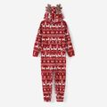Christmas Family Matching Allover Deer Print 3D Antler Hooded Long-sleeve Red Thickened Polar Fleece Zipper Onesies Pajamas (Flame Resistant) Burgundy image 2