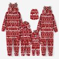 Christmas Family Matching Allover Deer Print 3D Antler Hooded Long-sleeve Red Thickened Polar Fleece Zipper Onesies Pajamas (Flame Resistant) Burgundy image 1