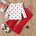 2pcs Toddler Girl Valentine's Day Heart Print Ruffled Long-sleeve Tee and Flared Pants Set REDWHITE image 1